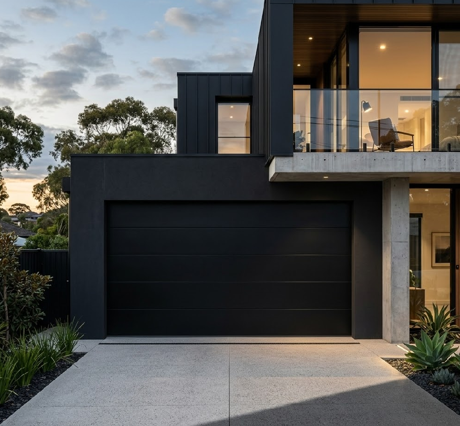 Black sectional garage door on a Sydney home
